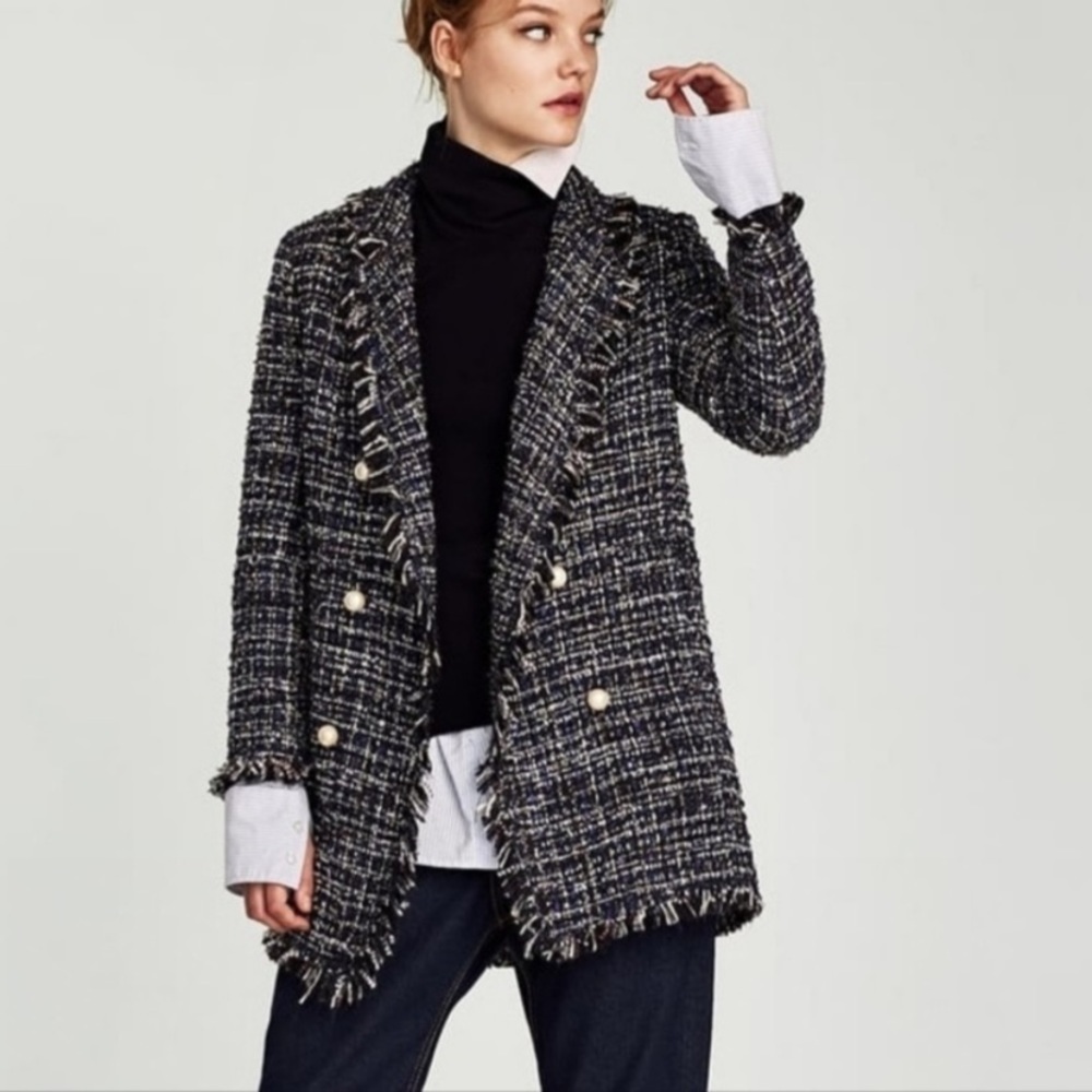 Zara Woman tweed Pearl button trench fringe jacket size xsmall